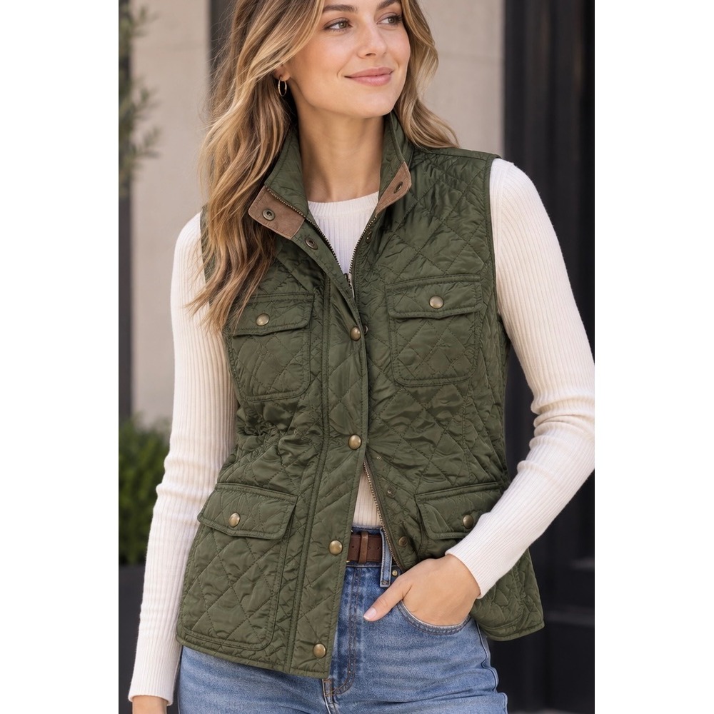Banana Republic Olive Green Quilted Utility Vest Size S Fall Equestrian